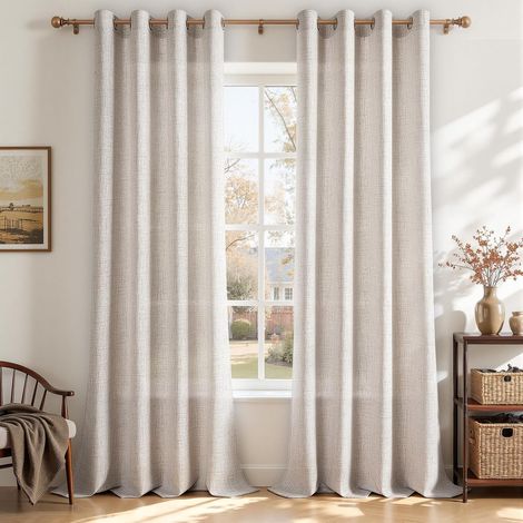 Rideau Voilage Effet Lin Tamisant à Œillets, Rideaux Voilage Semi-Transparents pour Fenetre Baie Vitrée Chambre et Salon, Style Naturel, 2 Panneaux 140 x 260 cm, Brun Clair (1/5)