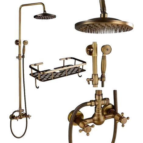 Rubinetto doccia a doppia maniglia, design antico, ottone anticato A02 (1/2)