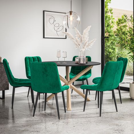 Malvern Round Dining Table And Chairs - Black Table Top w Solid Oak Legs + Nova Velvet Dining Chair Set Of 6 (Green) (1/5)