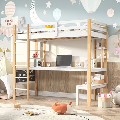 Lit mezzanine 90 x 200 avec table, lit enfant avec table, étagère de rangement, lit mezzanine escalier, lit mezzanine 1 place, cadre de lit enfant avec sommier, blanc (1/5)
