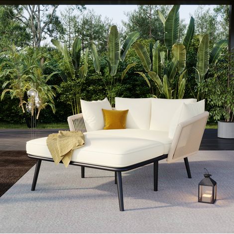 Set da giardino in acciaio e poliestere 1 posto beige con cuscino 10 cm sfoderabile e resistente UV (1/5)