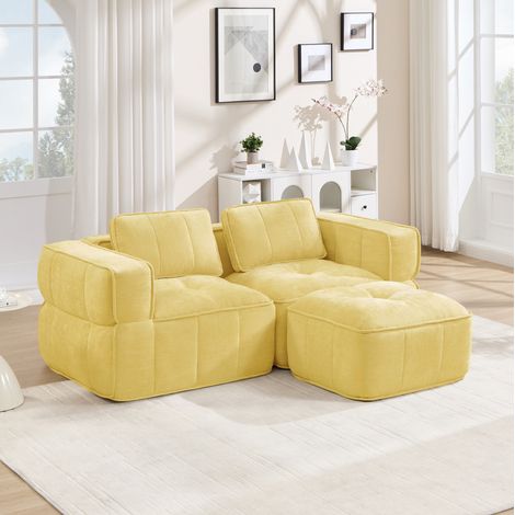 Sofá modular de 2 plazas con otomana (198x162x67 cm), sin estructura, asiento profundo, poliéster amarillo (1/5)