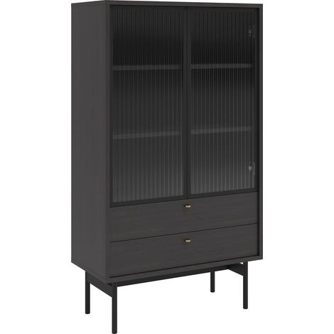 Selsey Olar II - Vitrine mit 2 Regalböden, Holzoptik Esche Portland Schwarz, 85 cm (1/5)