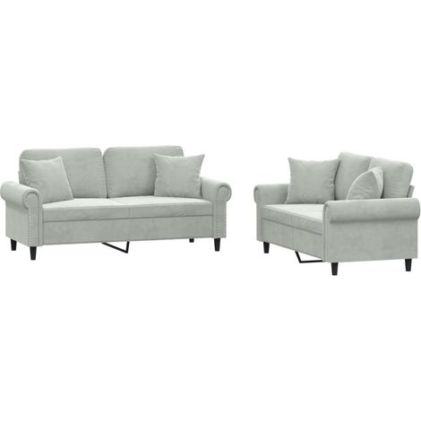 Ensemble de Canapé  Sofas 2 pcs avec coussins gris clair velours