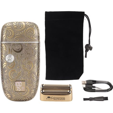 Rasoir électrique et tondeuse avec boîtier métallique gravé et doubles lames flottantes (Inclut câble de charge USB, brosse de nettoyage, grille de rechange et pochette de rangement)
