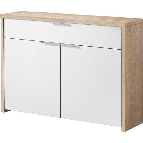 Pegane – Table console chêne cambrian blanc – 2 portes et 1 tiroir – Dimensions 101x30x76 cm – Panneaux de particules mélaminés (1/2)