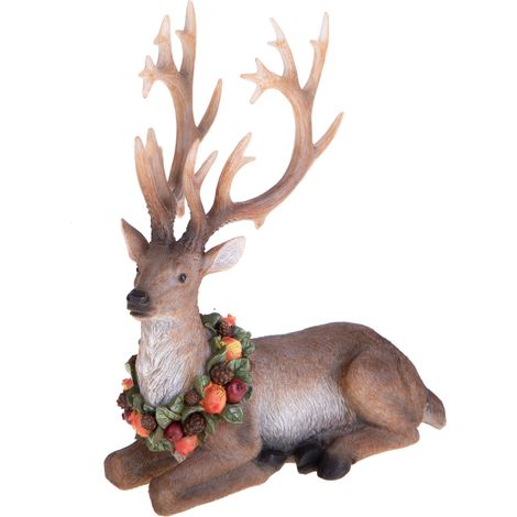 Renna in resina seduta con ghirlanda di frutta h 23 cm per decorazioni natalizie (1/5)