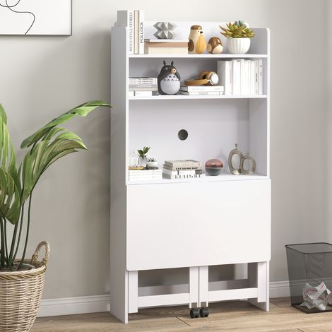 Bureau d'ordinateur à abattant avec étagères de stockage, 2 roues pivotantes, idéal chambre et salon, dimensions 80 x 69 x 155 cm, finition blanche (1/5)
