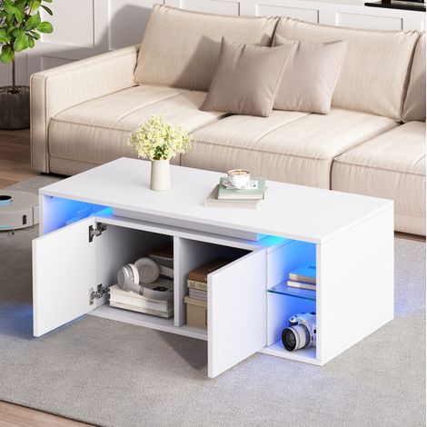Table basse LED 100 x 50 x 41 cm avec rangement, 2 portes, meuble de salon en panneau de particules blanc (1/5)