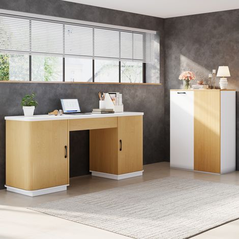 Modernluxe - Ensemble bureau 2 pièces - Bureau 140cm et caisson de rangement - Compartiments à abattant - Design rainuré - Naturel+blanc (1/5)