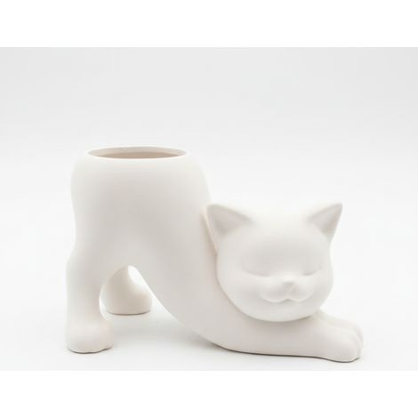 Un vaso bianco a forma di gatto che si stira, ideale per piante grasse e cactus.