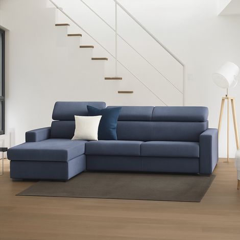 Talamo Italia Sofá fijo Eliana, Sofá de esquina, 100% Made in Italy, Sofá de salón con chaise longue, en tela acolchada - Península contenedor izquierda, con reposabrazos delgados, Cm 260x95h85, Azul, (1/5)