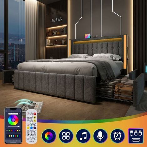 Lit Coffre 140x200cm 4 Tiroirs et LED - Lit Rembourré - Ports USB Type-C Tissu Lin Gris Sommier Inclus (1/5)