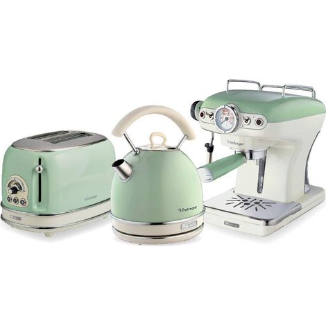 Ariete ARPK17 Retro Style Dome Kettle, 2 Slice Toaster and Espresso Machine Set, Vintage Design, Green