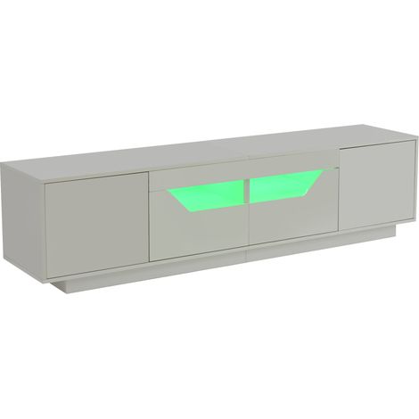 Meuble TV blanc laqué 180x40x45 cm avec LED, 2 tiroirs et 2 armoires, adapté jusqu'à 75 pouces (1/5)