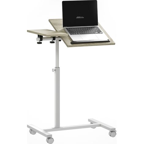 HOMCOM mesa auxiliar con ruedas mesa para sofá con altura ajustable superficie inclinable y marco de metal 57x40x67,5-101 cm roble y blanco (1/5)