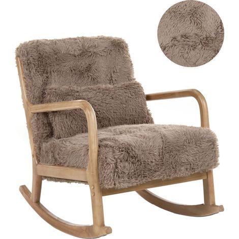 Rocking Chair Taupe Faux Fur Wooden Legs with Armrests and Cushion Classic Traditional Living Room SKOVDE (1/5)