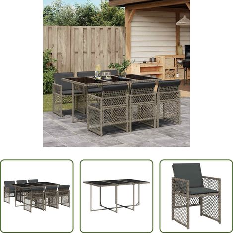 Chaise de jardin - Ensemble à manger de jardin et coussins 7 pcs gris rotin (1/5)