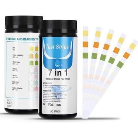 Bandelettes de Test pour Piscine, 7 en 1 bandelette Test Piscine, Lot de 50 bandelettes pour Test de Qualité d'eau sur Chlore, Brome, Nitrite, Nitrate, Dureté, Alcalinité Totale, PH … (50)-- (1/5)