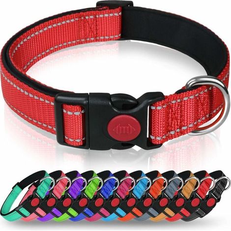 Collier pour chien, collier classique réglable en nylon réfléchissant avec rembourrage en maille douce et respirante pour grands chiens, taille L, rouge
