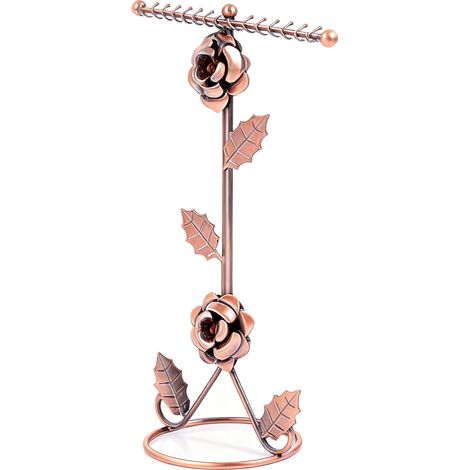 Présentoir à bijoux élégant en forme de rose 3D, stable, en métal électroplaqué bronze, pour colliers, bracelets et boucles d'oreilles. (1/5)