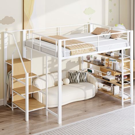 Cama alta 140x200 de metal y MDF, con escalera de almacenamiento, armario y estantes, blanco (1/5)