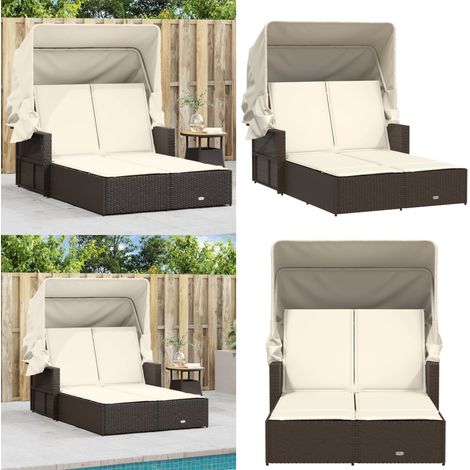 Chaise longue double avec auvent et coussins marron poly rotin - Chaises Longues Doubles - Chaises Longues Pliantes - Transats - Lit De Bronzage - Mobilier De Jardin - Home & Living (1/5)