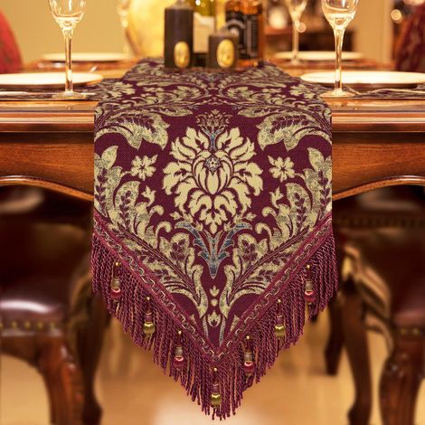 Chemin de Table en Tissu à Franges, Décoration pour Table à Manger/Restaurant/Fête/Banquet (33x274cm, Rouge) (1/5)
