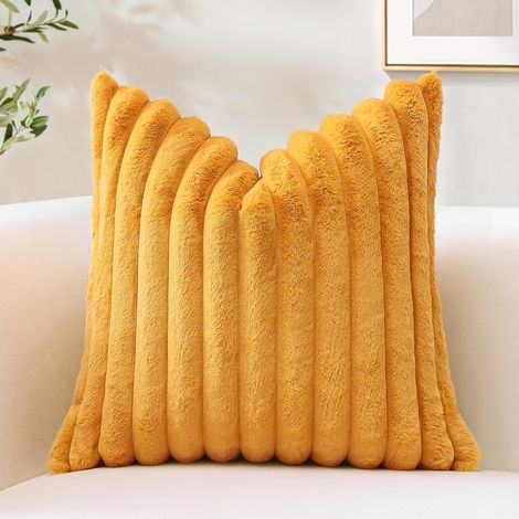 Sungeek Lot de 1 Housse de Coussin 40x40 cm en Fausse Fourrure de Lapin, Housse Coussins Peluche à Rayures Doux Taies d'oreiller en Velours Décoratives pour Lit Canapé Chambre Salon, Jaune Moutarde