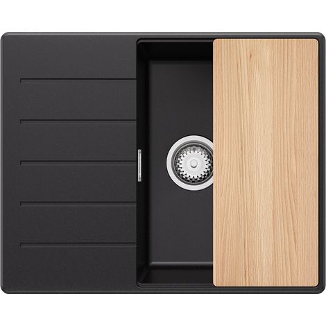 PRIMAGRAN Evier Cuisine en Granit 62x50cm, Lavabo 1 bac + Kit de Vidage + Planche à Découper, Évier à Encastrer au meuble 45cm - Copenhague, Noir