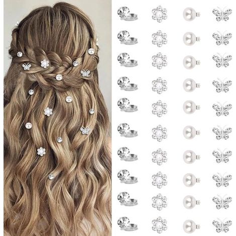Lot de 40 mini-pinces à cheveux fleurs – Blanches – Strass et perles – Accessoire mariage et quotidien (1/5)