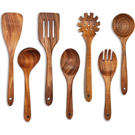 Ensemble de cuillères en bois pour la cuisine, ensemble d'ustensiles de cuisine en teck 7 pièces, ensemble d'ustensiles de cuisine en bois, ustensiles de cuisine en bois