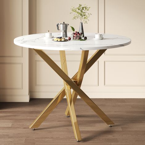 Table ronde 80x80x75cm, plateau effet marbre, piètement doré, design minimaliste, plateau brillant et structure stable (1/5)