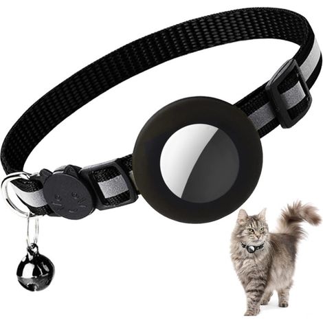 Collier pour chat avec dispositif de suivi Apple conçu pour prévenir l'étouffement, convient aux chats de toutes tailles, léger et confortable (noir). (1/5)