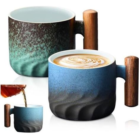 2 Pièces Tasse à Café en Céramique, Tasses à Café, Tasse Espresso Avec Poignee en Bois, Tasses à Expresso, Tasse Cappuccino, Verre Matcha, pour le Lait, le Thé (1/5)