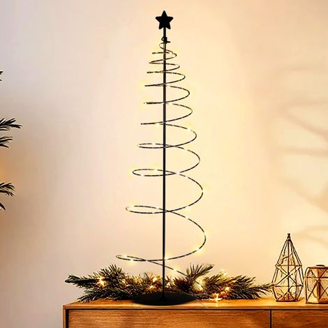Spiral Weihnachtsbaum mit 47 LED aus Metall in schwarz mit Timer - 80 cm - Lichterbaum mit Stern Spitze warm weiß beleuchtet Batterie betrieben