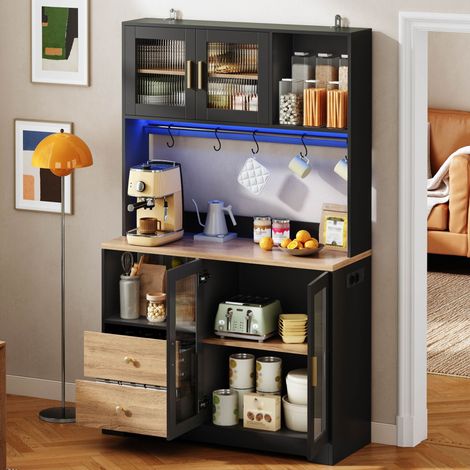 Buffet de cuisine 178 cm avec LED, prise intégrée, vitrine en verre trempé, range-bouteilles et plan de travail effet bois, noir (1/5)