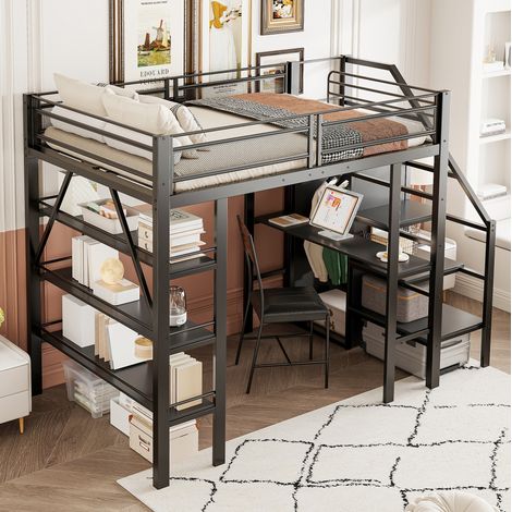 Cama alta con escritorio armario y almacenaje negra OKMYHOME (1/5)
