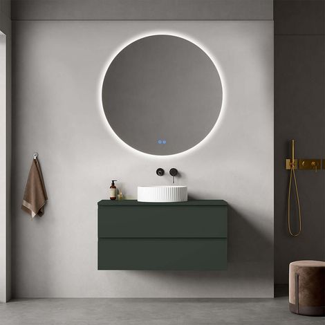 Mobile bagno sospeso 100 cm Verde Comodoro per Lavabo d'appoggio Specchio Tondo Retroilluminato - Fiji Paint Top