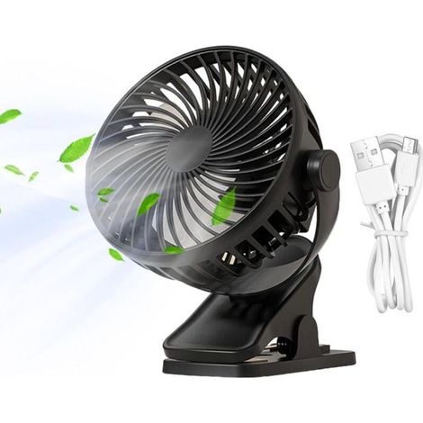Ventilateur de chevet noir à pince, petit ventilateur multifonction rechargeable pour poussettes, voyages, bureau, chambre (1/4)