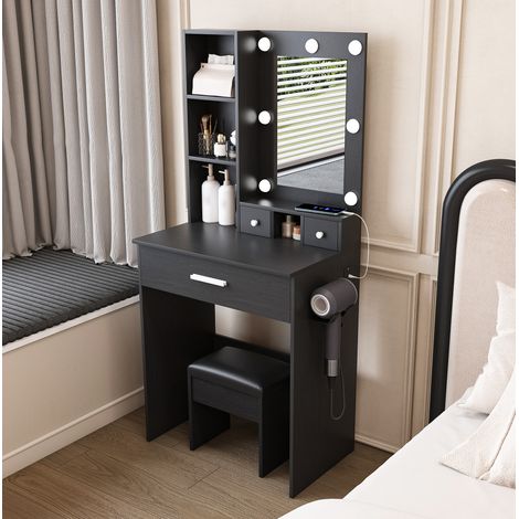 Toeletta 60x38x131,5 cm in MDF nero con contenitore e LED a 3 modalità - FLORAGRACE (1/5)