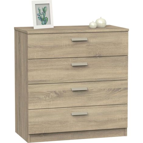 Commode 4 tiroirs en mélaminé blanc mat ou chêne cambrien – Dimensions 74x78 cm – Guide métallique pour tiroirs – Rangement moderne – Muebles Pitarch