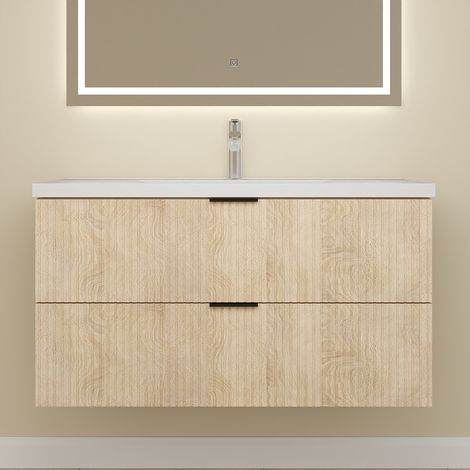 Aica Meuble de Salle de Bain suspendu 100 cm Chêne avec 2 tiroirs + vasque Céramique