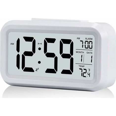 Réveil Digital Réveil Matin, Horloge Numérique Réveil à Pile Silencieux pour Enfants Adultes Grand écran LED Température Calendrier(Blanc) (1/5)