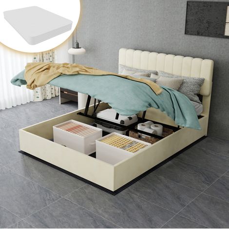 Bett modern gepolstert aus Stoff Beige 140x200 cm mit hohem Kopfteil und Matratze inklusive
