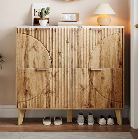 Schuhschrank 105x24x95.5 cm Natur MDF mit Klapptüren, Marmoroptik und Massivholzbeinen (1/5)