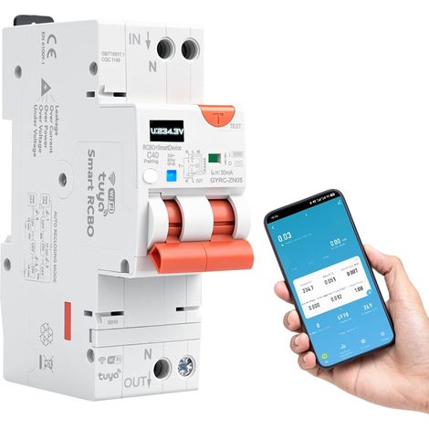 Disjoncteur différentiel 30ma WiFi Réarmement auto differentiel 40a type a 220V 1P+N Protection surtensions les sous-tensions/surcharges/courts-circuits/courants de fuite surveillance. (1/5)