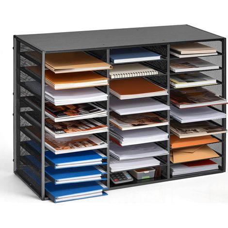 Organisateur de Bureau, Trieur à 27 Cases avec Panneaux de Grillage Métallique Amovibles, pour Fichiers Documents Magazines École, Casier à Courrier avec Comptoir en Bois, Classeur de Table Noir (1/5)