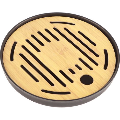 Plateau à thé rond en bambou, dessous de théière, plateau de service, égouttage, réserve d'eau, service à thé, 20 cm (1/5)