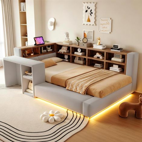 Lit simple rembourré 90x200 cm avec tête de lit à rangements, éclairage LED, prises européennes intégrées et table d’appoint, Gris clair (1/5)